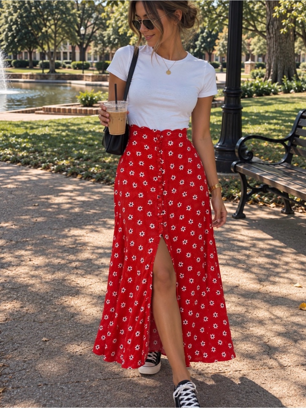 Zara Red Floral Button-Front Maxi Skirt with Front Slit